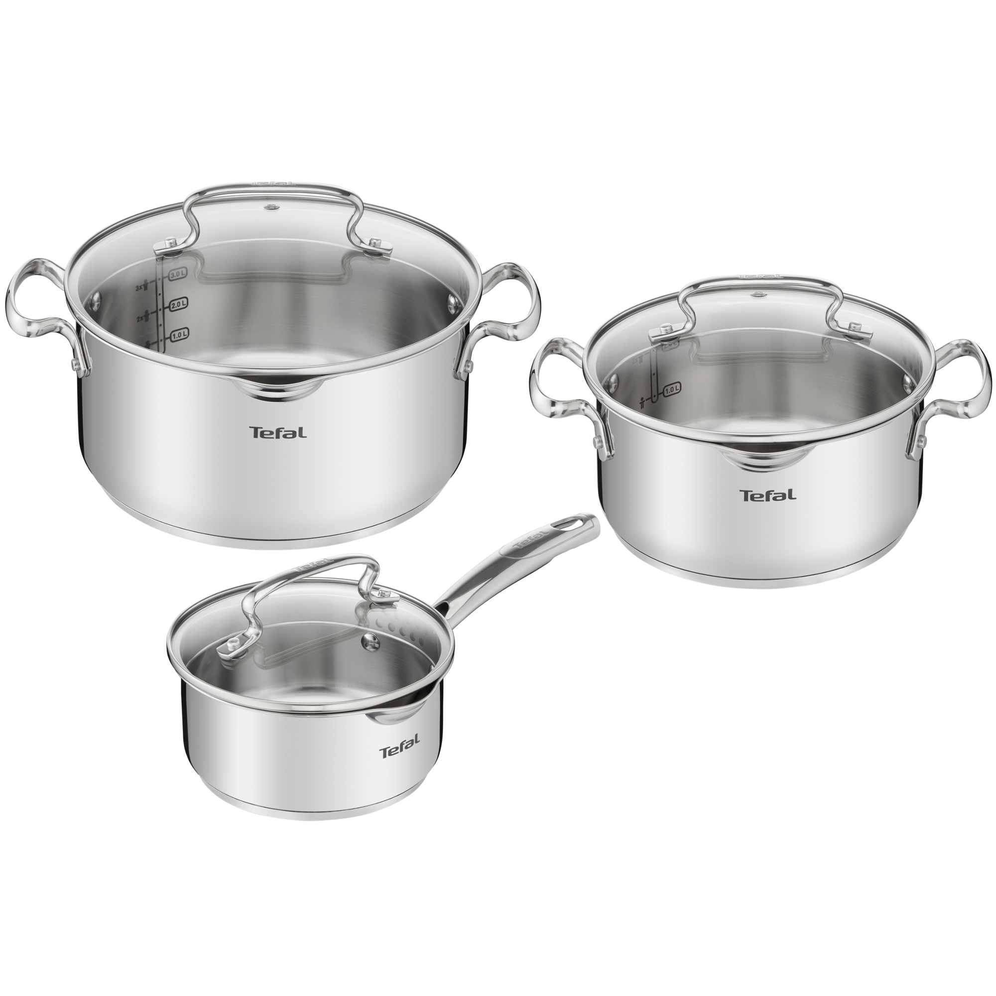 Set of 6 stainless steel pieces (1 saucepan with lid 16 cm + 1 pot with lid 20 cm + 1 pot with lid 20 cm) Tefal