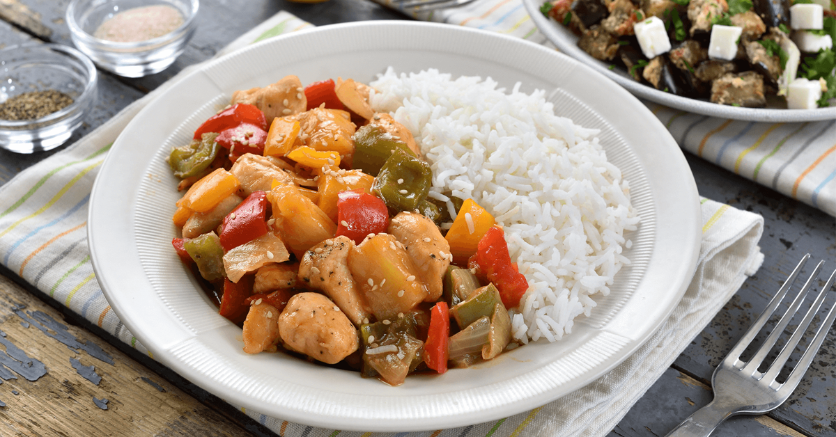 Greek eggplant and sweet and sour chicken